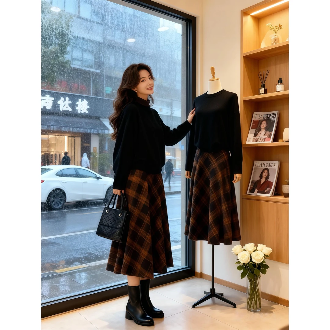 2025冬季新款清新文艺气质穿搭一整套休闲上衣格子半身裙两件套女