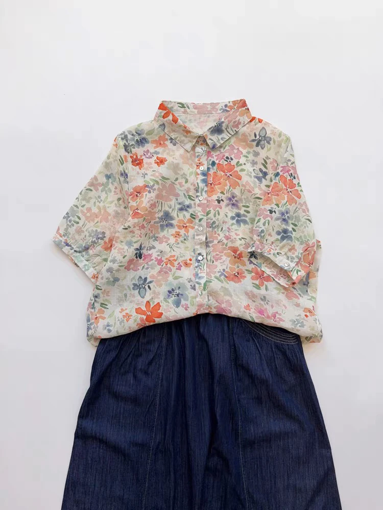 田园风植物印花衬衫 纯苎麻莫奈花园碎花衬衫法式清新半袖上衣女