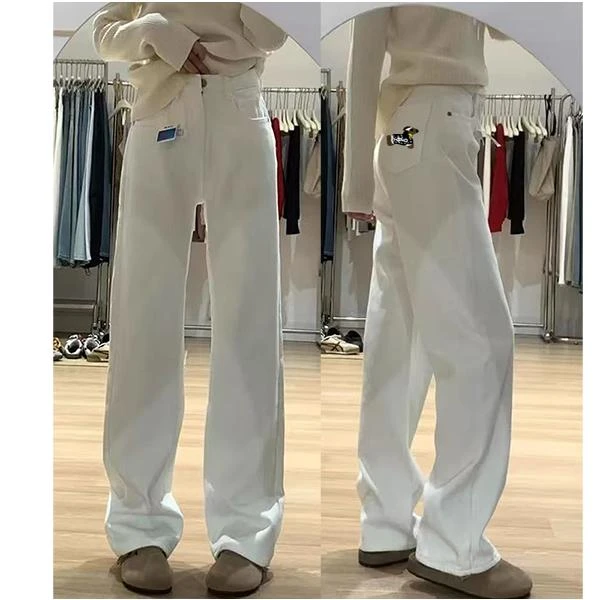 1021百搭经典白色刺绣腊肠狗牛仔直筒阔腿裤休闲时尚韩版微微宽松