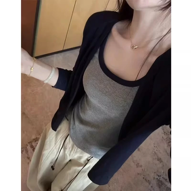2025秋季长袖开衫小外套女款韩版时尚拼色吊带两件套洋气百搭上衣