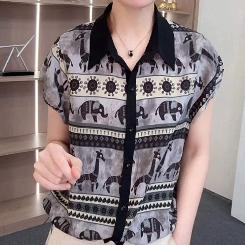 【丽人坊】夏季新款 时尚翻领短袖 轻薄 宽松显瘦 洋气抽带 小象-75