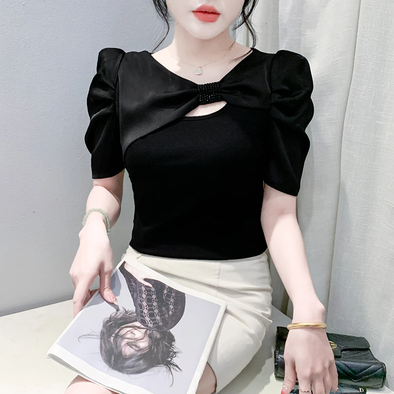 欧货泡泡袖小衫女2025新款性感V领镂空上衣气质修身短袖t恤夏装潮