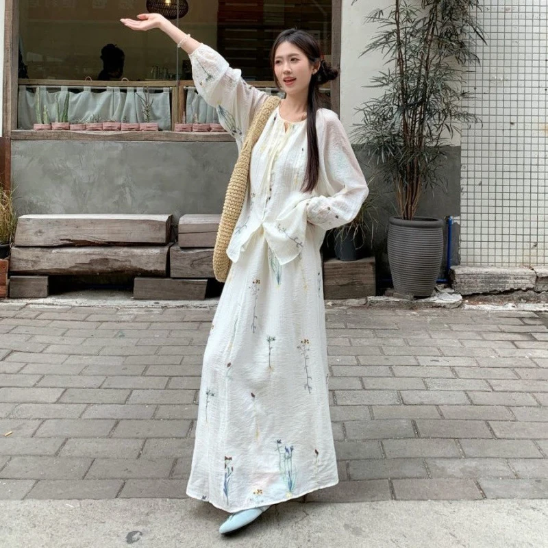 黄峥尚套装女中式长袖系带印花上衣女2025夏季新款高腰半身裙新款