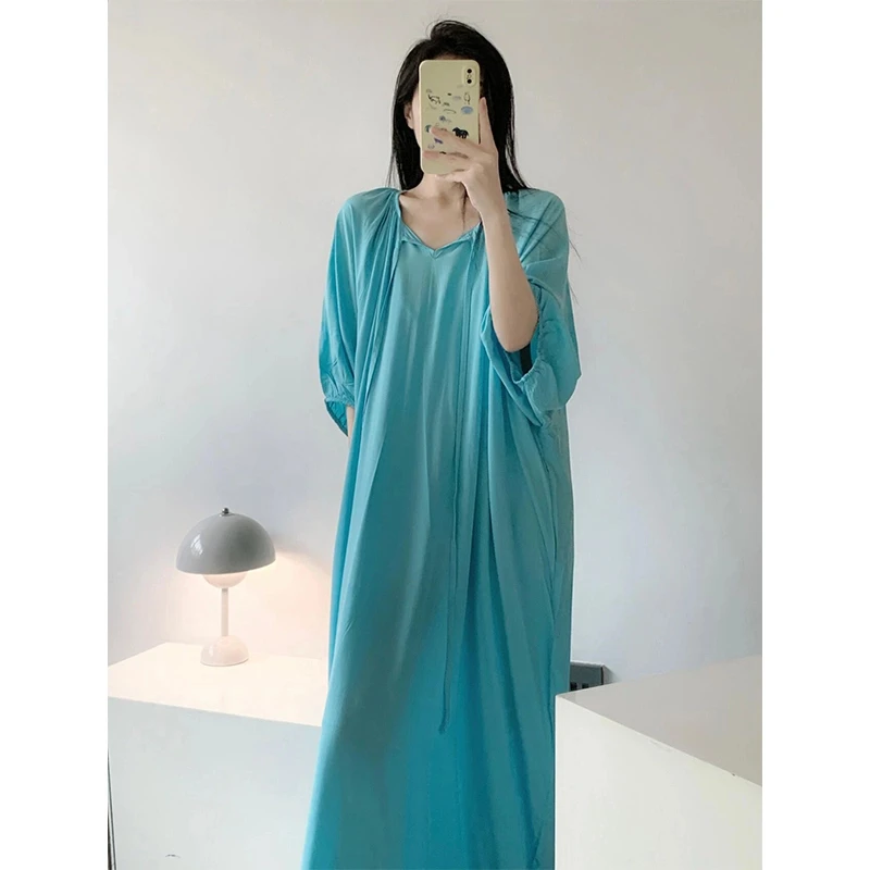 新中式国风蓝绵绸休闲睡裙女夏季薄款长袖连衣裙薄款家居服可外穿