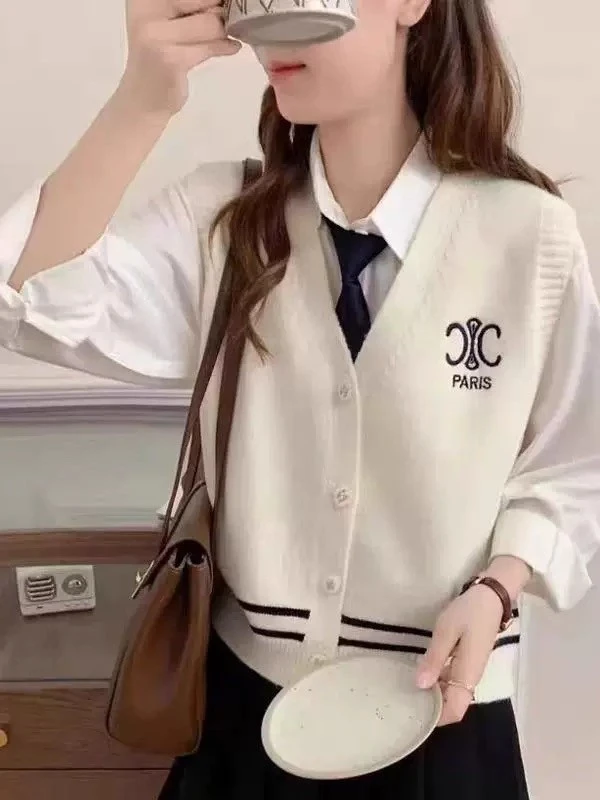 针织马甲女刺绣撞色背心春秋叠穿V领外搭韩系学院风无袖开衫毛衣