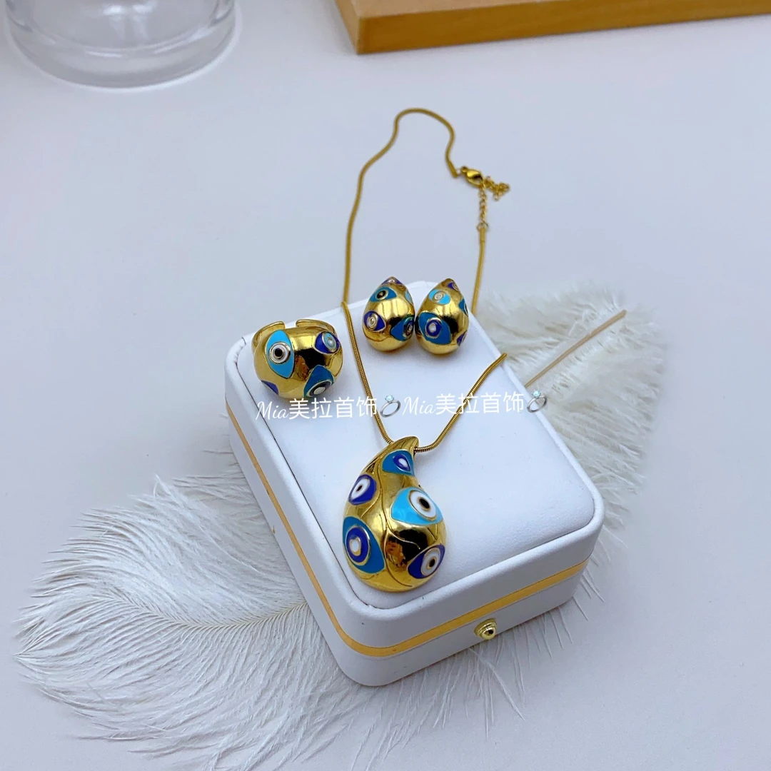 钛钢亚克力项链 三件套民族风蓝色时尚可爱百搭复古彩色吊坠饰品