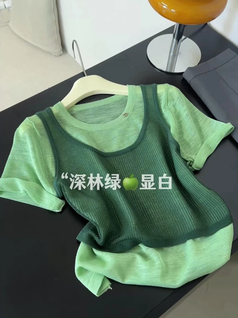深林绿假两件拼接圆领短袖百搭短款T恤爆款韩系时尚气质叠穿上衣