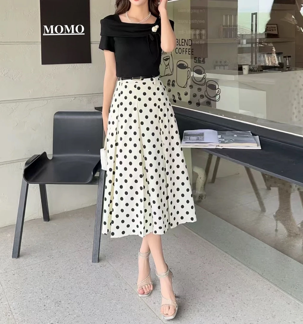 套装显瘦气质长裙高腰夏季中长款波点裙子洋气时尚百搭复古法式