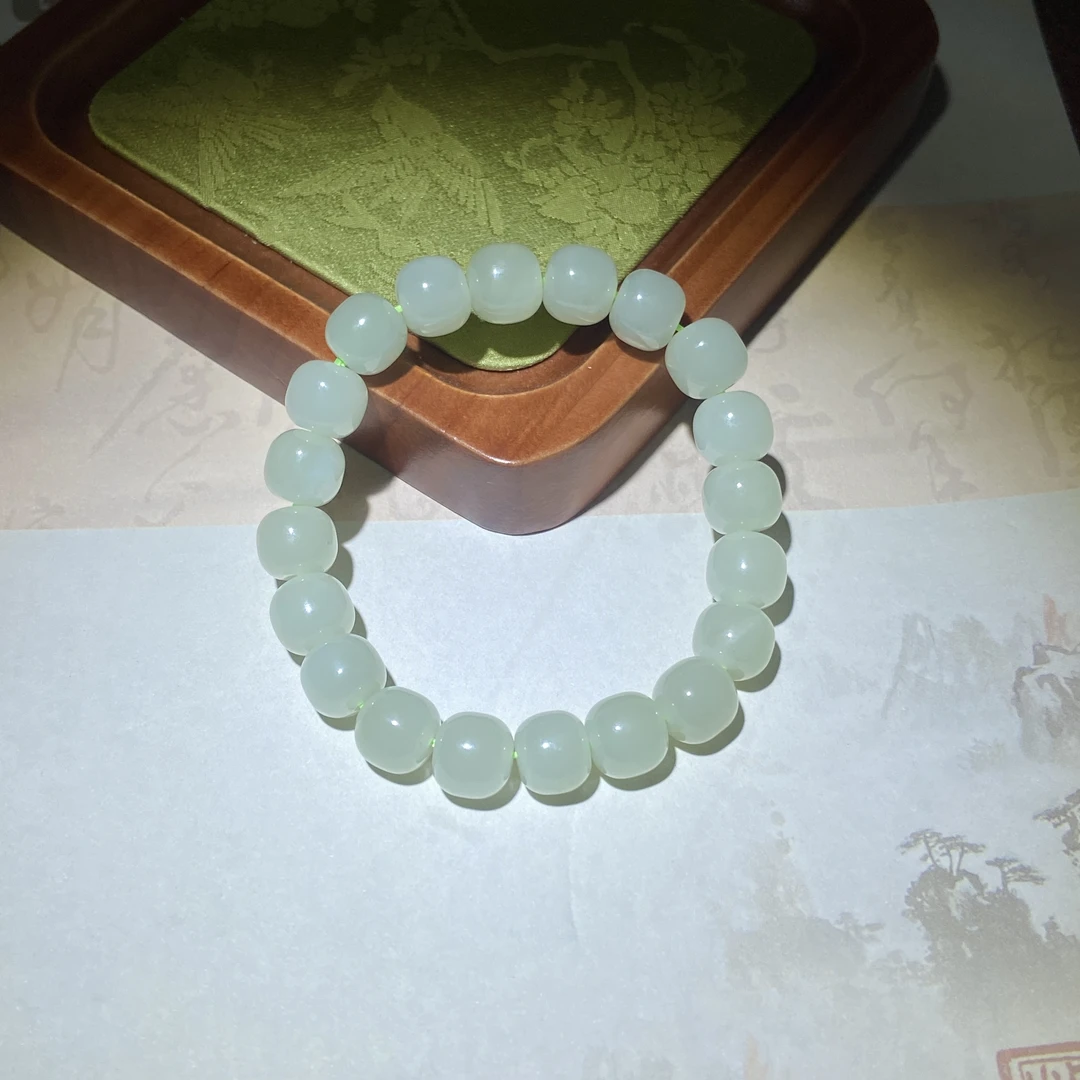 【渠小姐精选】SC421 和田玉高冰底青提色鼓珠手串约卡10mm