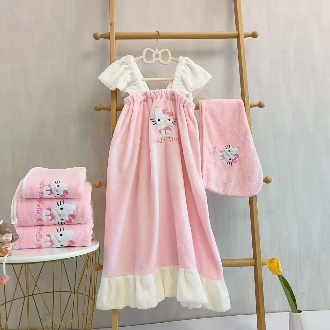粉色HelloKitty干发帽家用吸水毛巾洗澡巾干发帽珊瑚绒浴巾浴裙ss