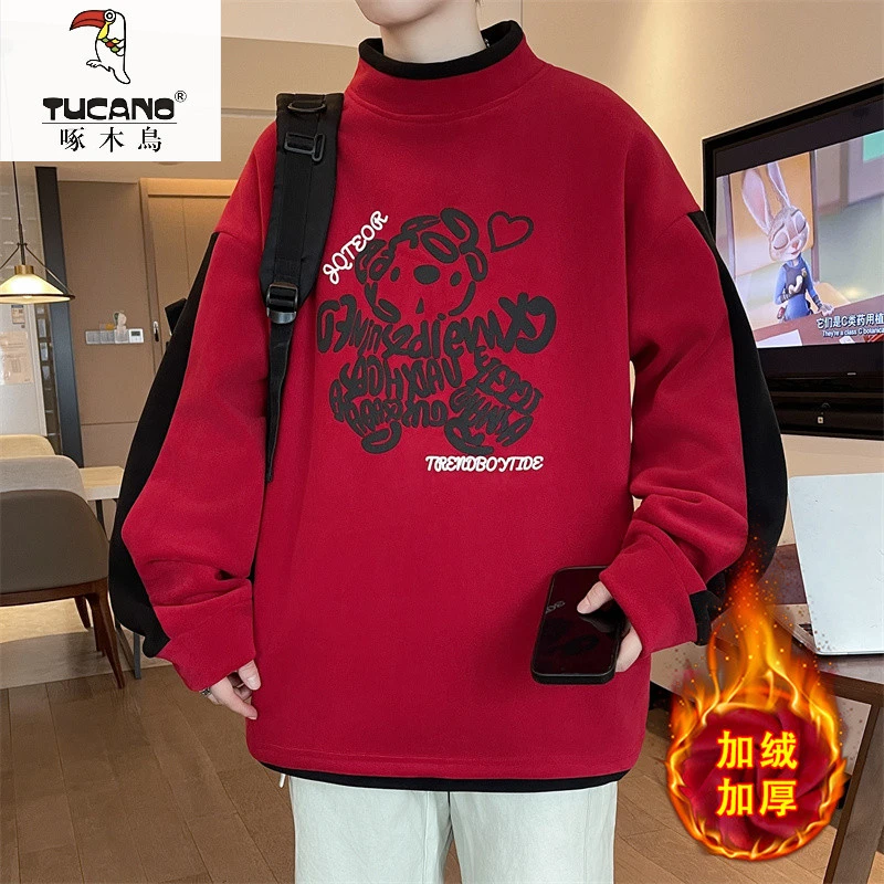 啄木鸟加绒加厚卫衣男半高领奥粒绒冬季青少年初高中学生内搭保暖