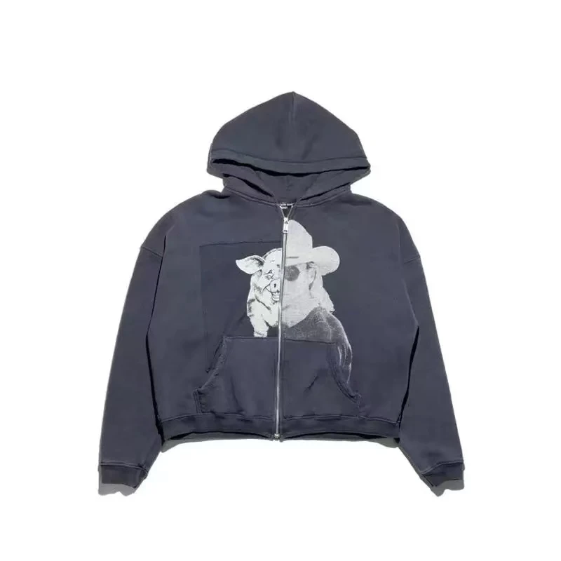 【TYL专属】ERD猪人面水洗做旧开衫连帽卫衣高街美式休闲潮牌外套