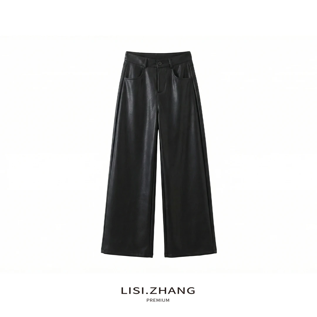 LISI.ZHANG--【加绒时尚皮裤】防风保暖高腰阔腿长款皮裤休闲阔腿裤