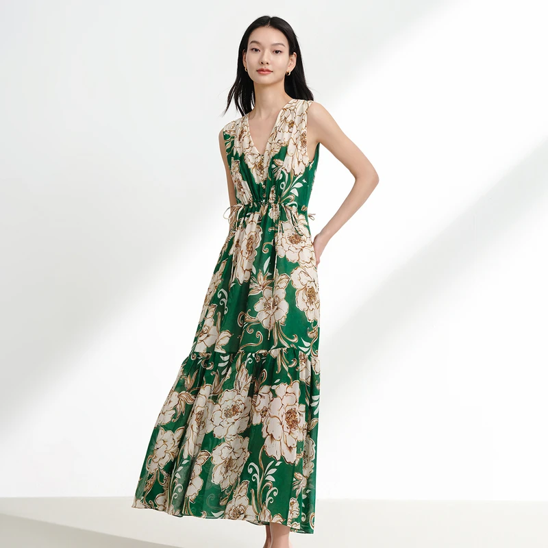 EP雅莹2025春装新款桑蚕丝优雅V领收腰无袖夏日穿搭连衣裙4138B