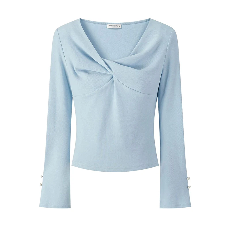【SuSuqueen】蓝色纽结正肩长袖t恤女设计感小众修身上衣Y50954085