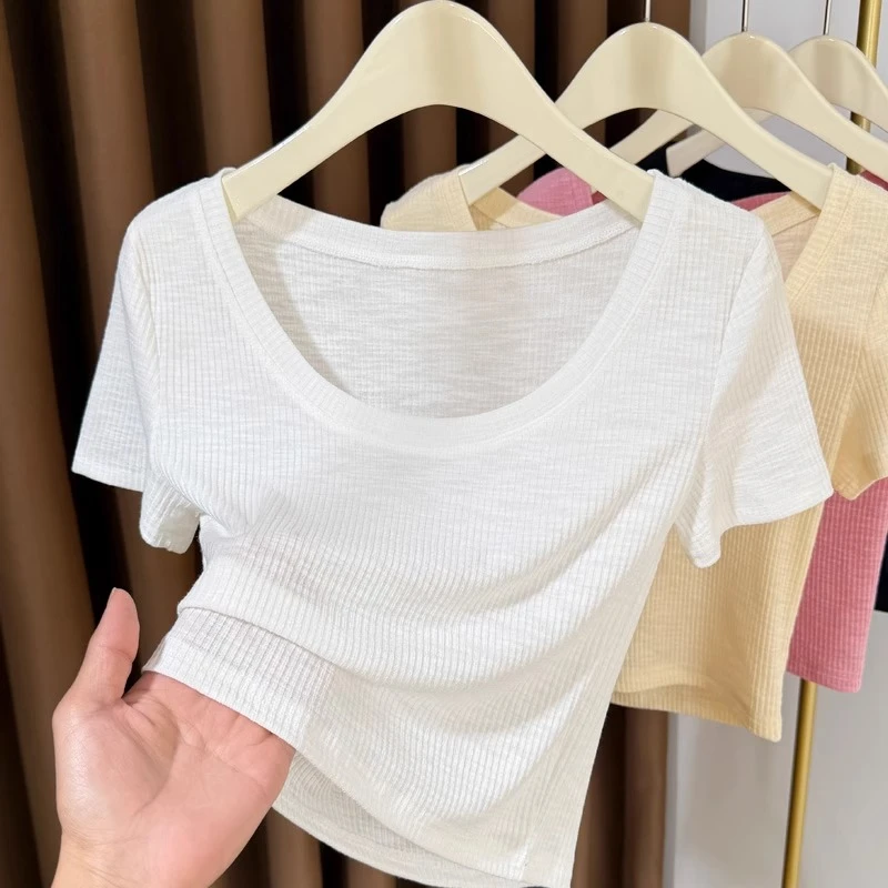 白色竹节棉大圆领短袖女2025新款冰丝针织短款t恤女内搭打底衫薄