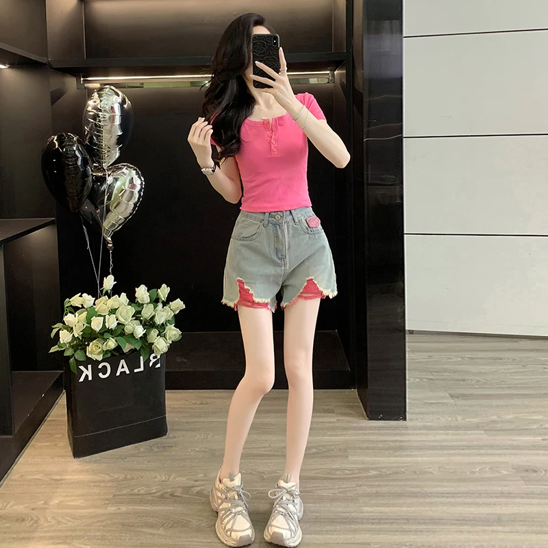 休闲套装女两件套小个子短裤显瘦牛仔高腰休闲夏季阔腿运动短款