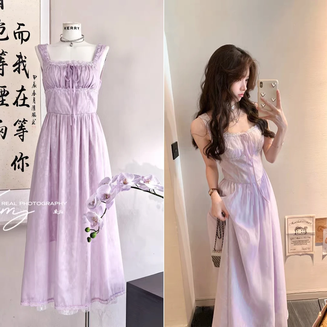 紫色长款方领 2025法式复古气质连衣裙高级感温柔风显瘦裙子收腰