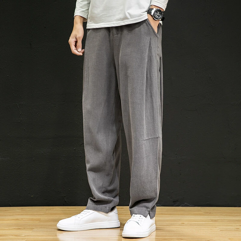 中国风棉麻休闲裤男士春夏季复古宽松大码百搭垂感直筒亚麻哈伦裤