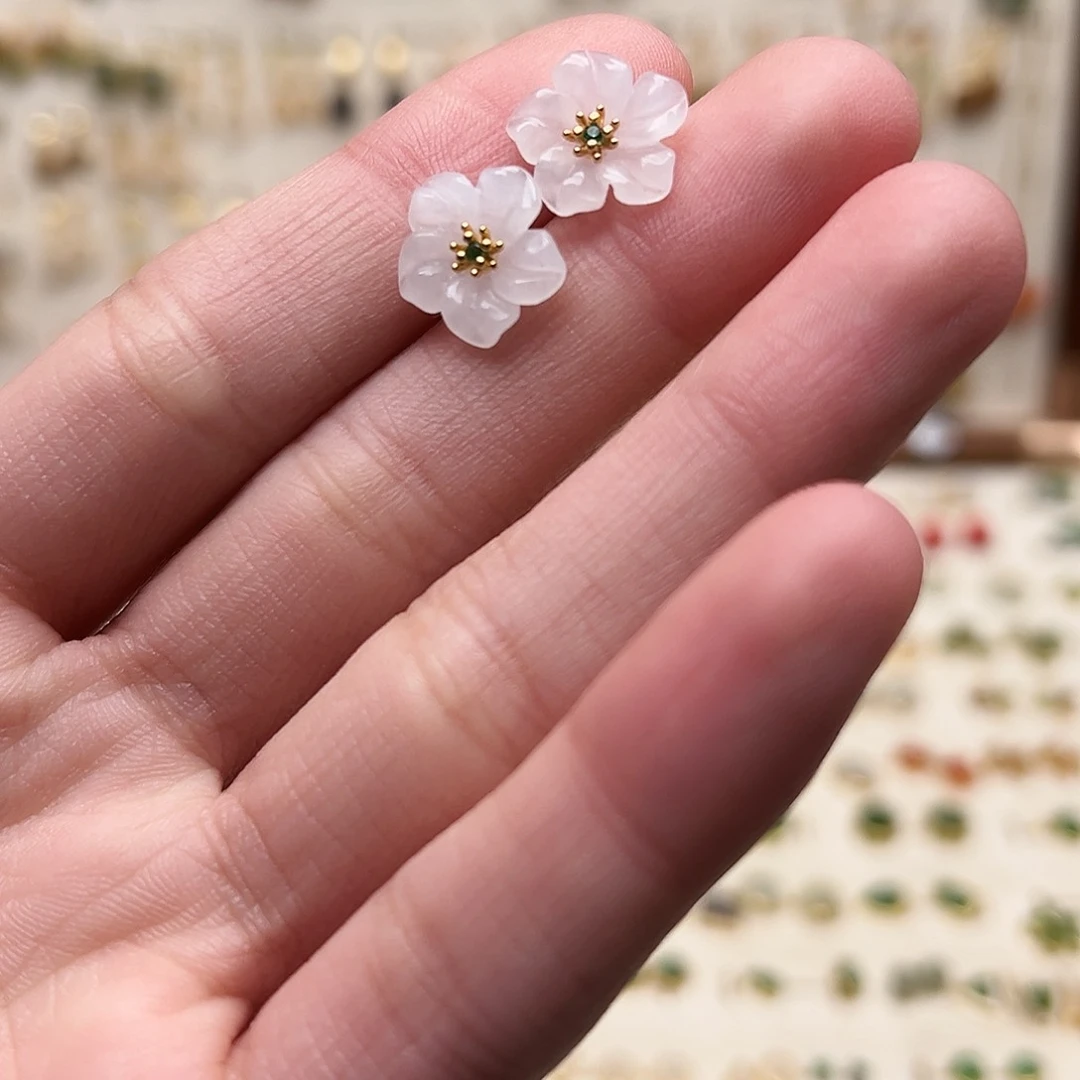 银S925镀金镶嵌和田玉耳钉