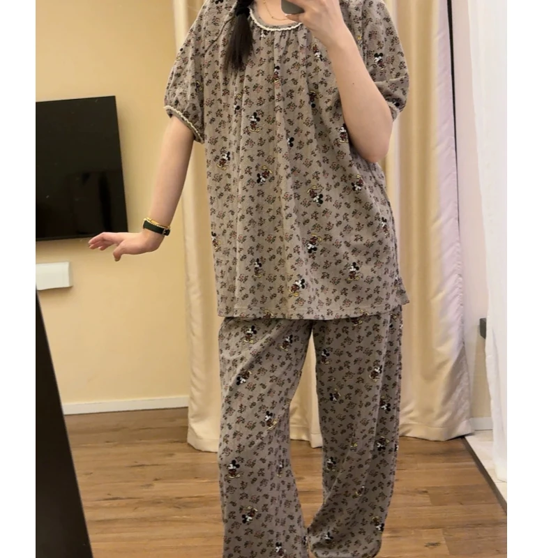 睡衣女夏款纯棉短袖长裤休闲可外穿家居服套装（花边米奇短长）