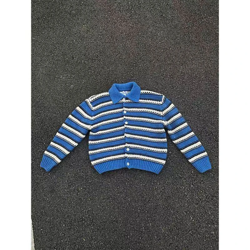 蓝色条纹粗线针织开衫毛衣外套男春秋美式复古潮牌痞帅慵懒风线衣