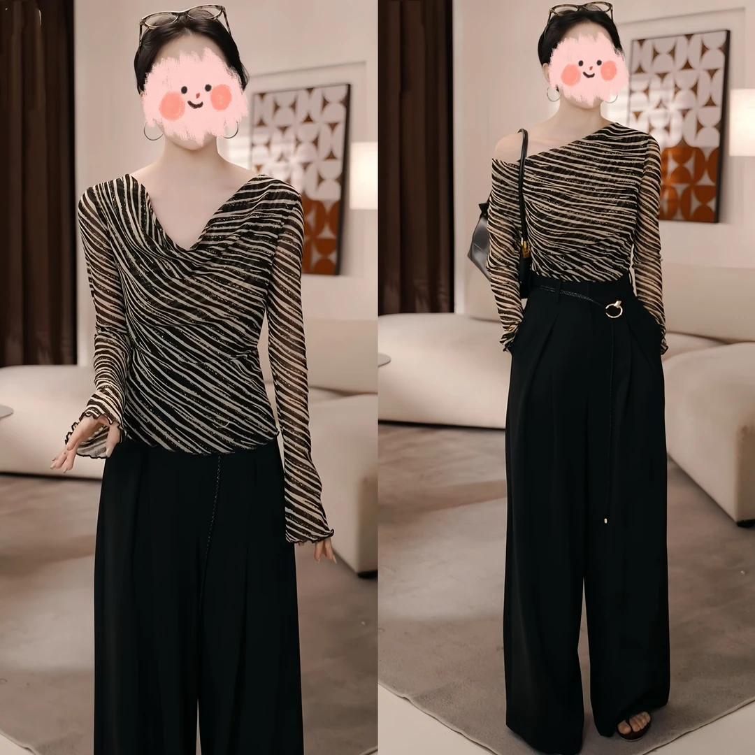 2025秋冬新款设计感斑马纹长袖打底衫上衣百搭休闲显瘦西装裤套装