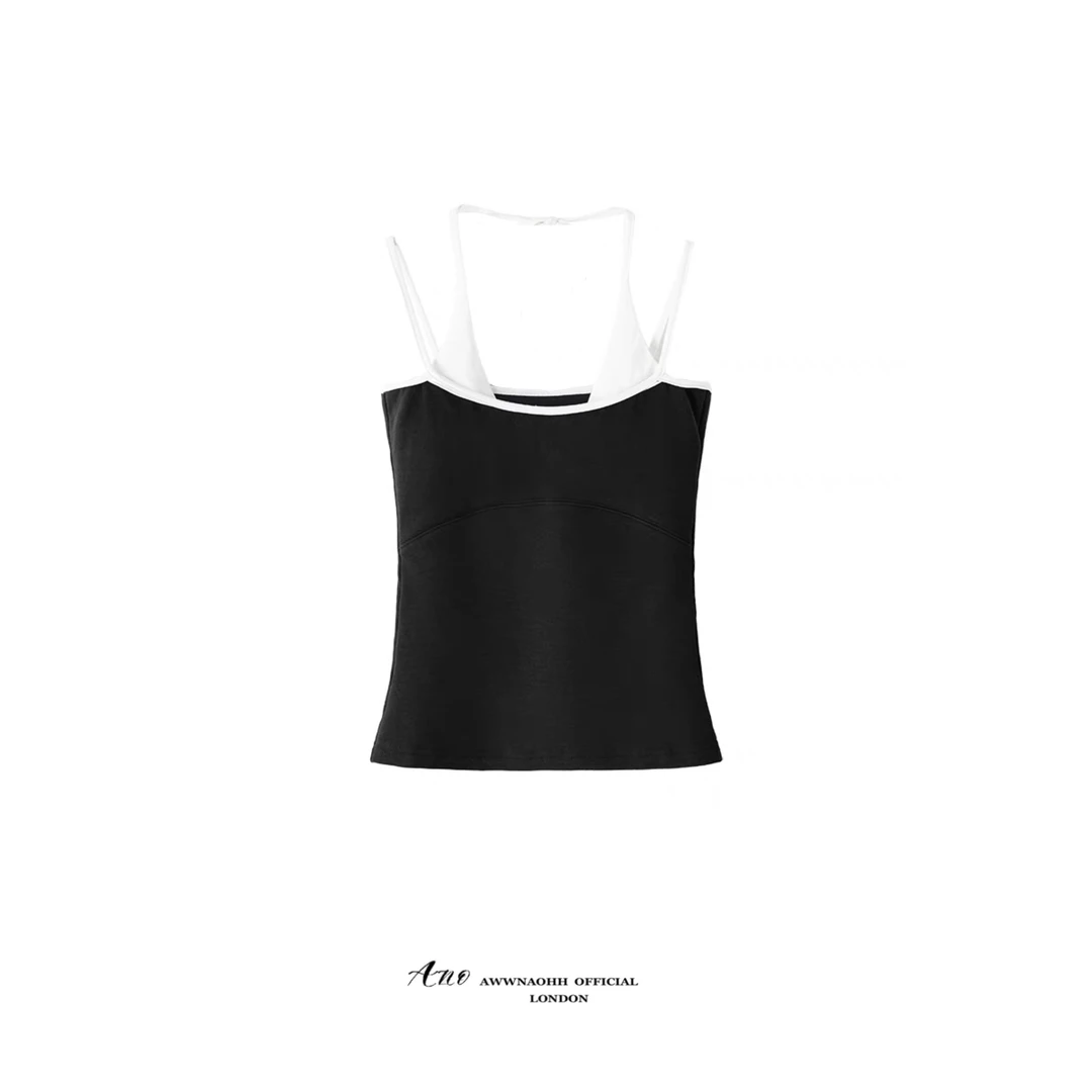 【SSS买手店】Awwnaohh胸垫撞色拼接假两件挂脖背心吊带