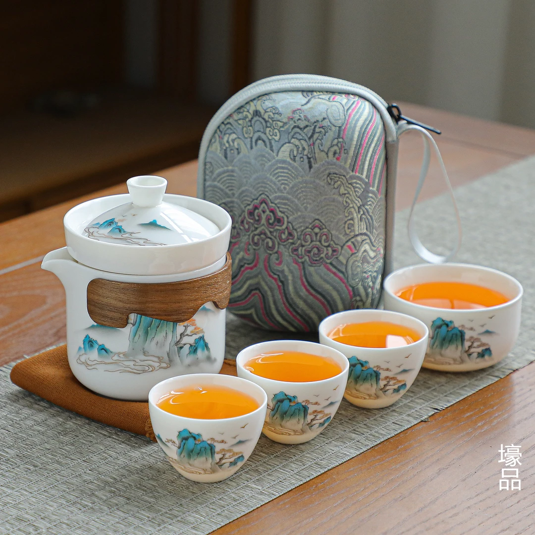 语诗阁便携式茶具快客杯陶瓷茶水分离户外泡茶套装防烫羊脂玉白瓷