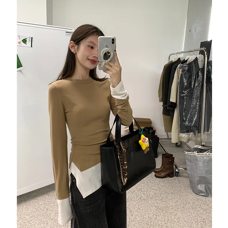 2024年秋款 撞色拼接长袖T恤 修身显瘦甜辣不规则开叉打底 JP22