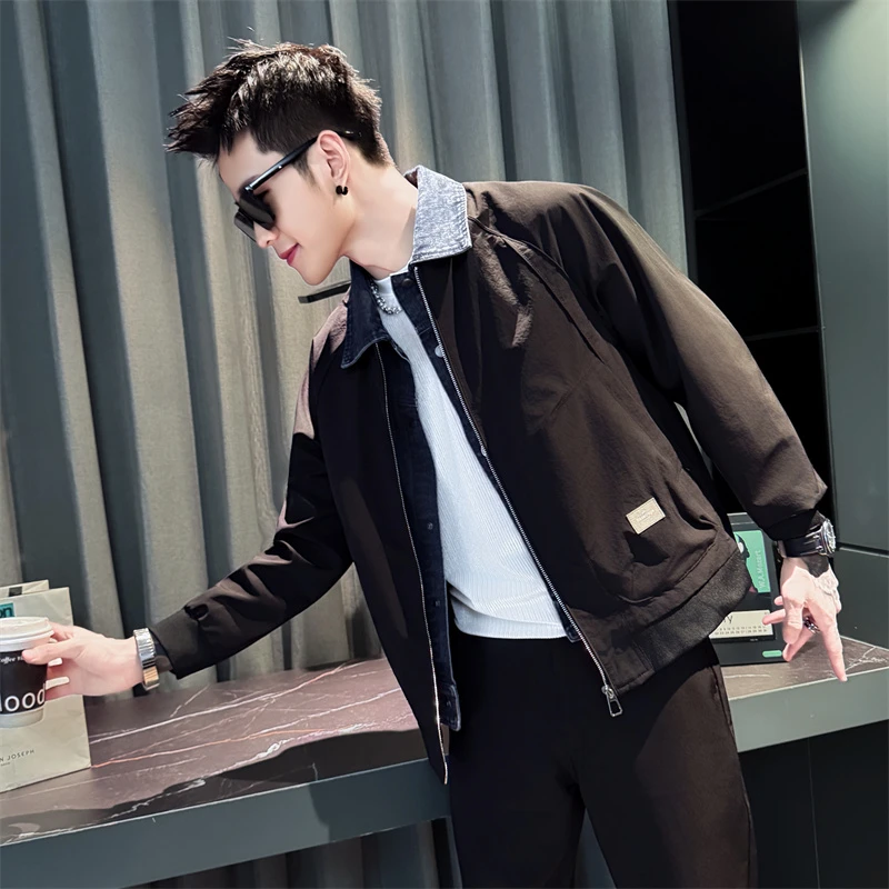 外套男款春秋2025新款高级感潮牌痞帅假两件牛仔拼接翻领休闲夹克