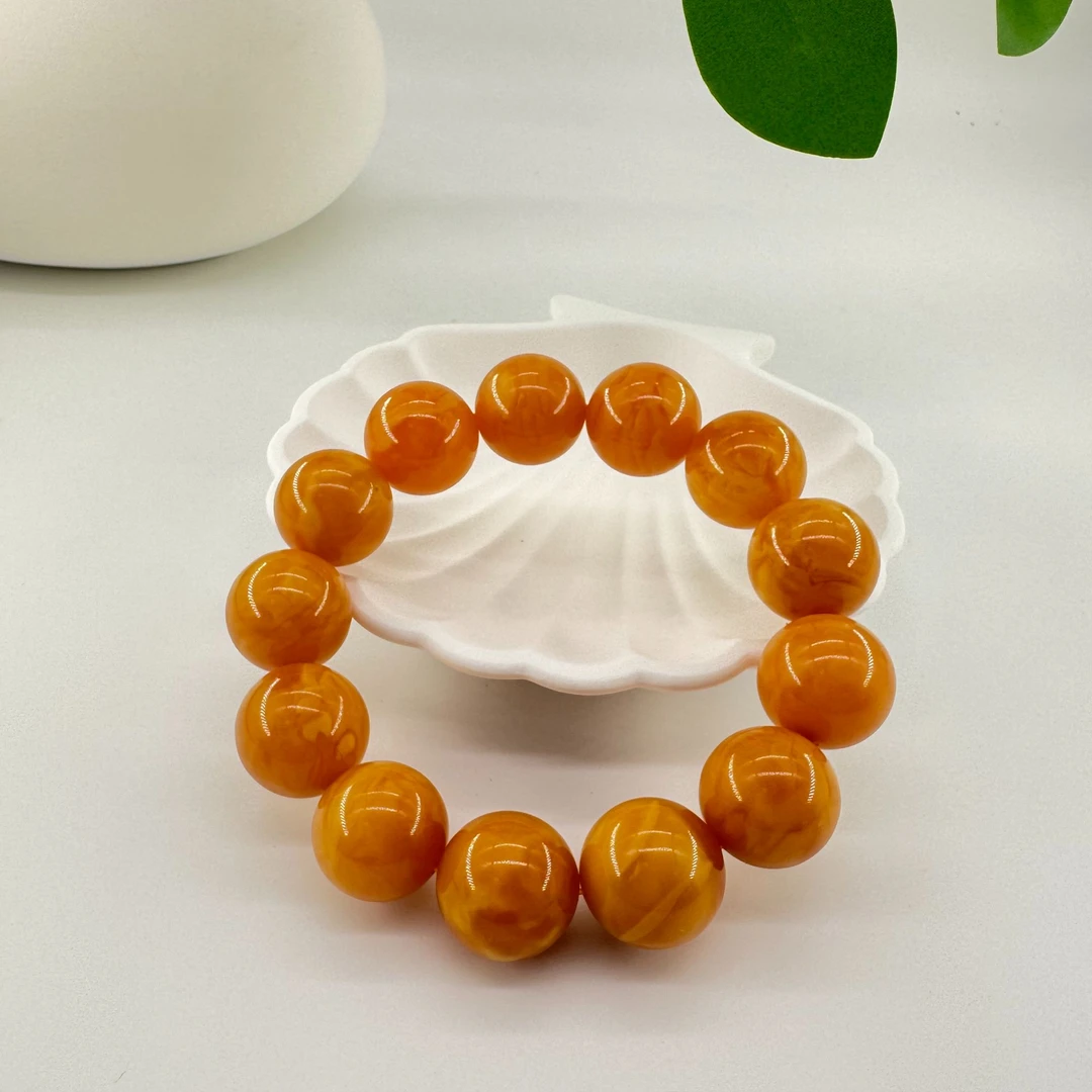 苏芳珠宝-天然俄罗斯蜜蜡圆珠手串时尚百搭鸡油黄素圈手串