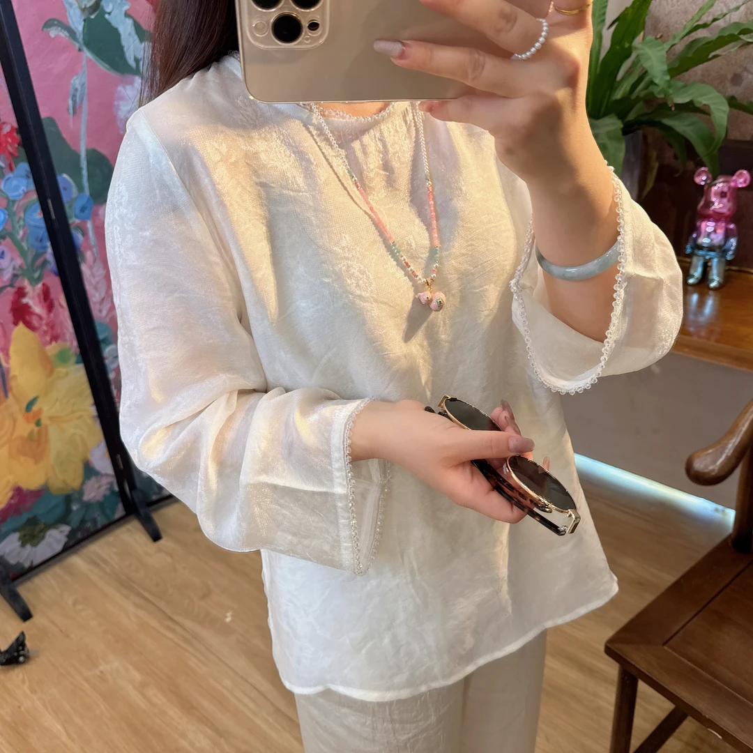 【花开京城天丝麻提花钉珠衬衫水袖】新中式显瘦款衬衫时尚百搭
