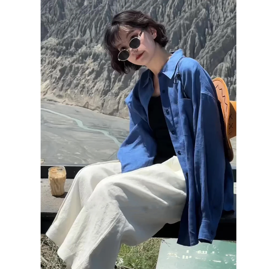 慵懒风蓝色通勤薄款长袖衬衫女2025新款夏季洋气宽松休闲百搭上衣
