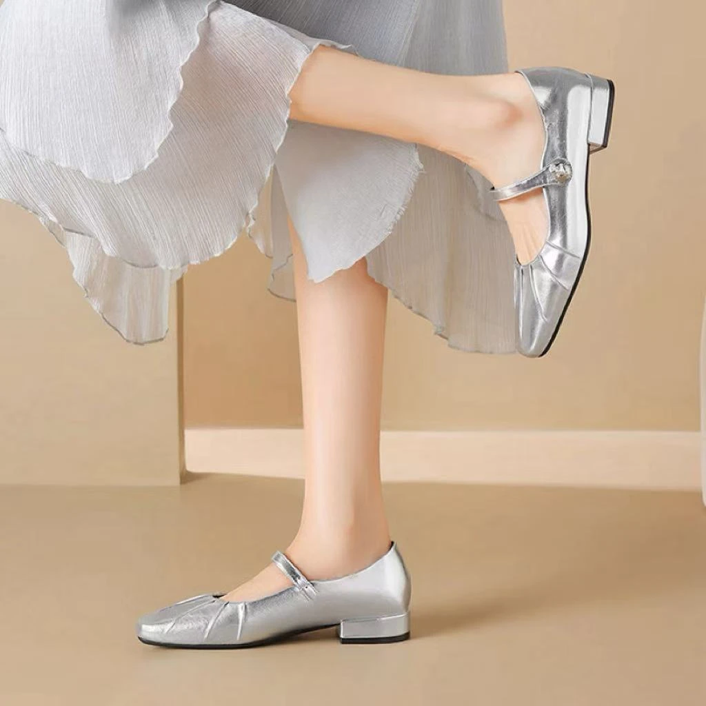 C7207 银色 时尚方头舒适低跟玛丽珍浅口女单鞋