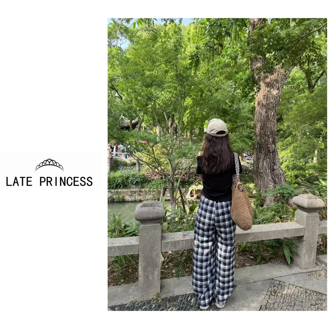 LATE PRINCESS【遛弯裤】夏季新款休闲百搭格纹时尚休闲遛弯裤