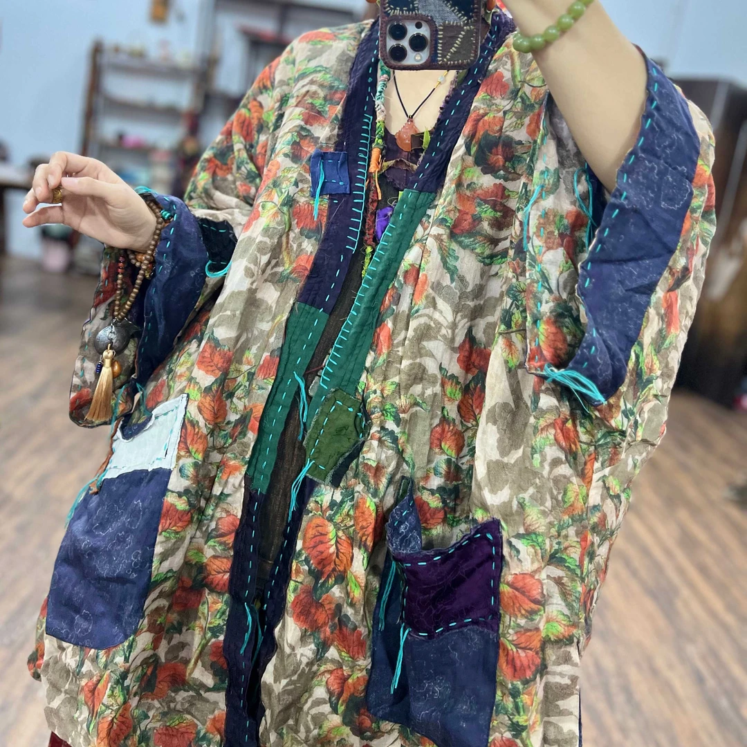 SX新中式苎麻手工贴布刺绣拼接V领两面穿汉服秋季新个性酷飒道袍
