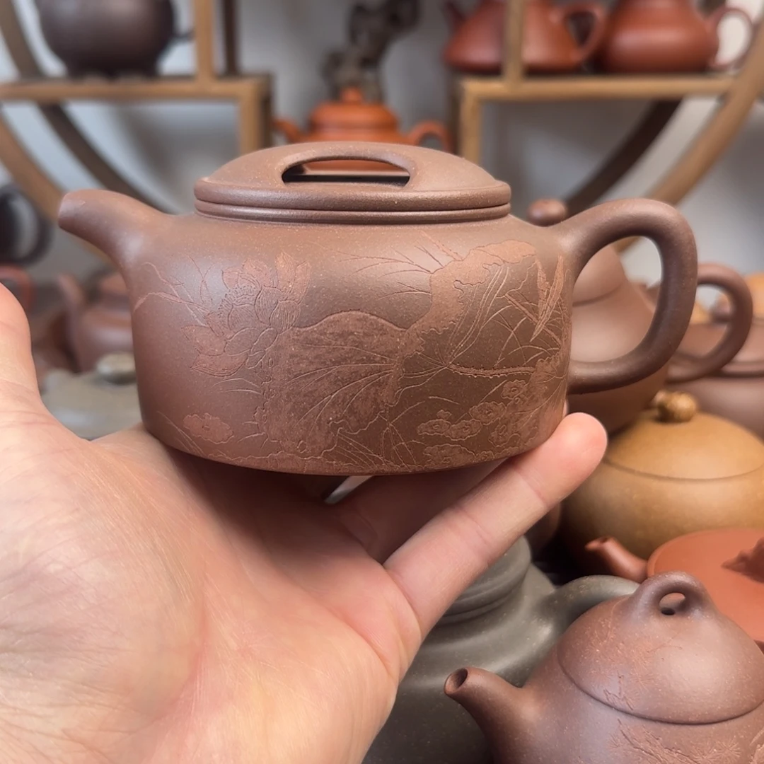 茶壶紫砂牛盖莲子300cc台西嫩底槽清刻绘