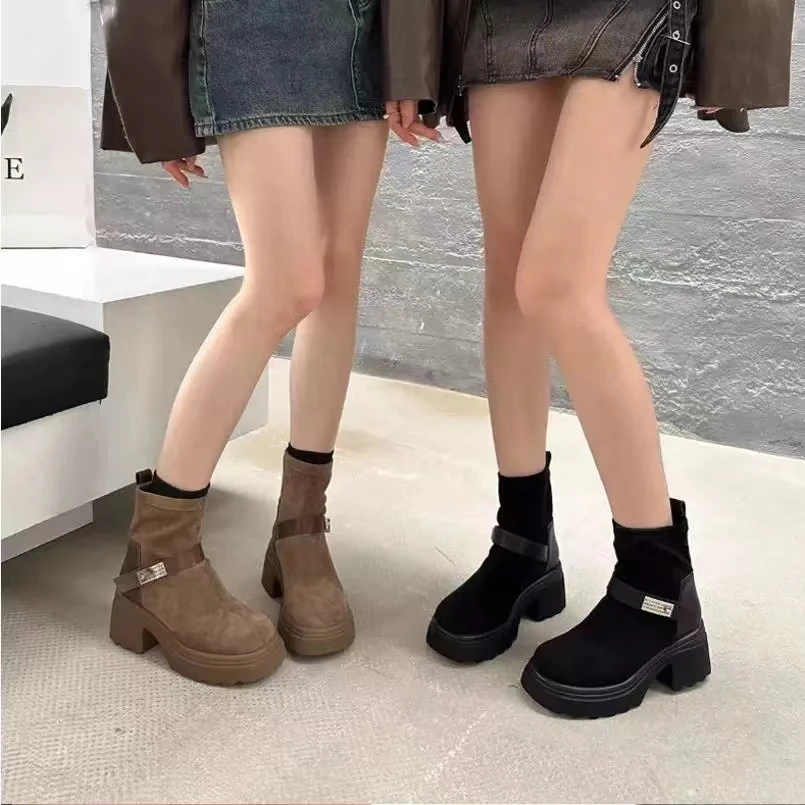 秋冬新款韩版通勤瘦瘦简约粗跟裸靴短靴73-7832(加绒)