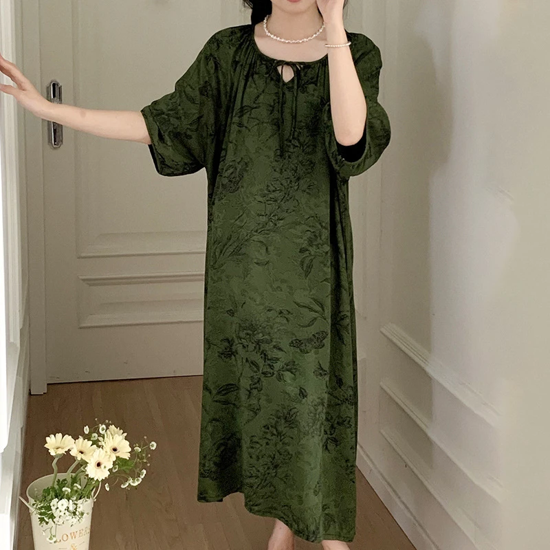 夏季新款国风睡裙女夏气质高级感棉绸睡衣海边度假新中式绵绸长裙