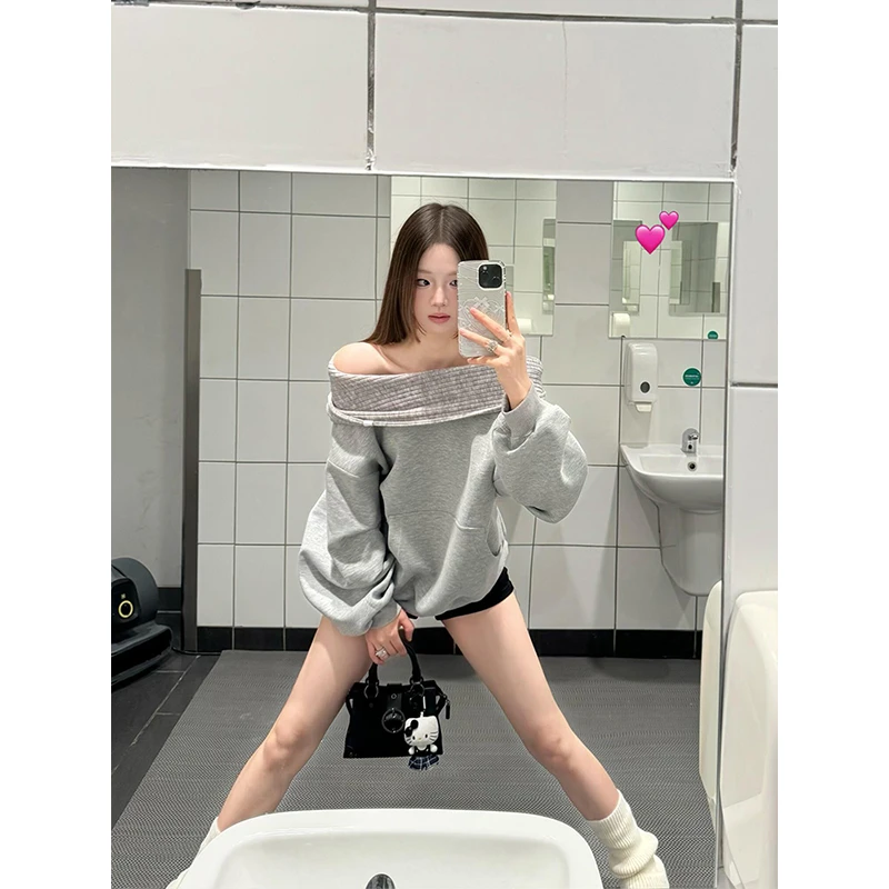 秋季流行风格美式慵懒chic一字肩连帽卫衣女多种穿法的设计感上衣