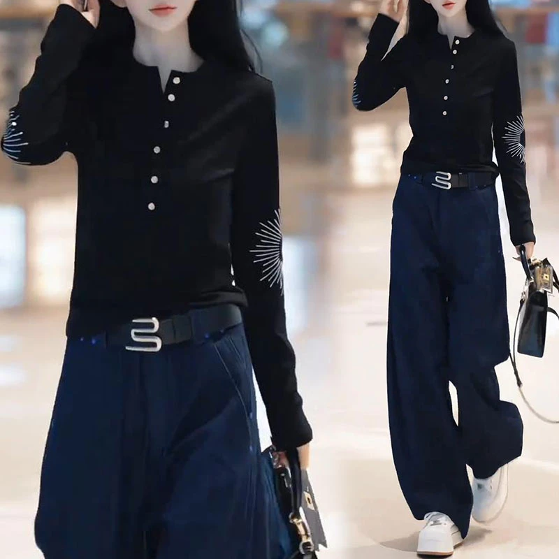 2025秋季新款气质时尚长袖T恤女士百搭阔腿牛仔裤洋气爆款两件套