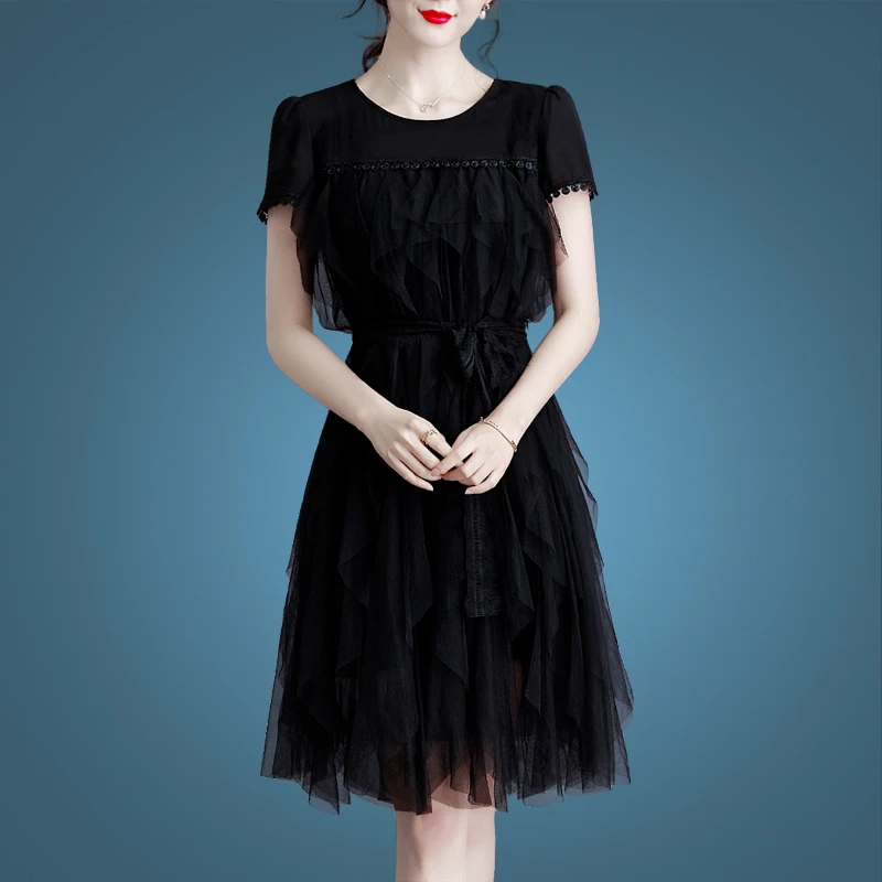 【品牌特价】4084夏季黑色显瘦连衣裙时尚网纱拼接适合胯大腿粗裙子