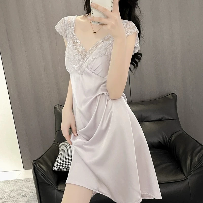 2025爆款睡衣女夏季性感冰丝薄法式蕾丝中长裙带胸垫高级感家居服