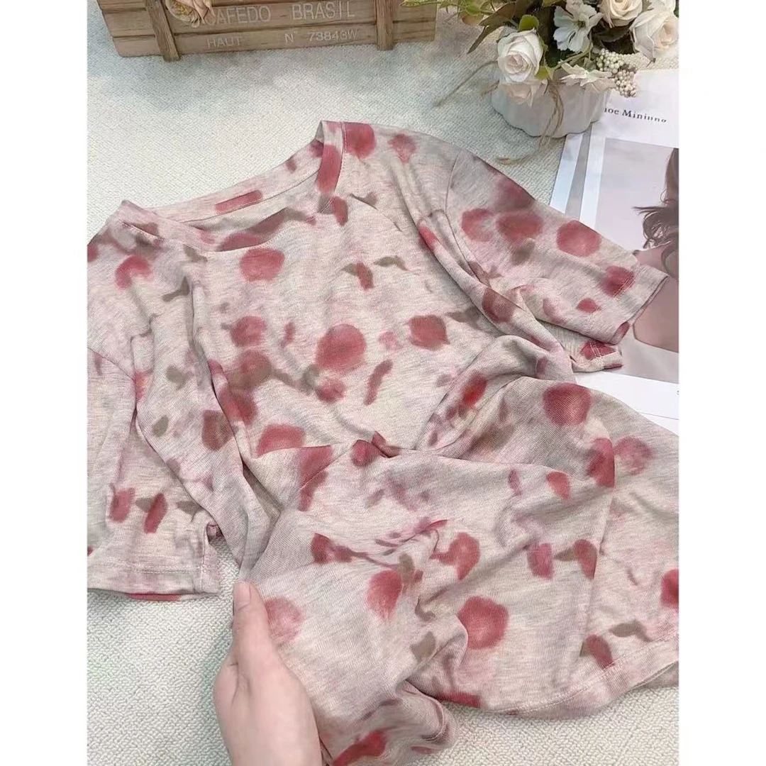 丽丽家~樱桃短袖碎花气质时尚夏季印花扎染上衣