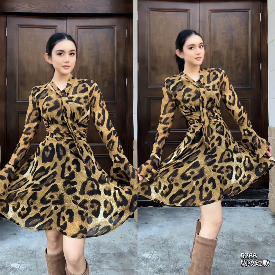Saeda女装豹纹褶皱显瘦长款连衣短裙YF5266