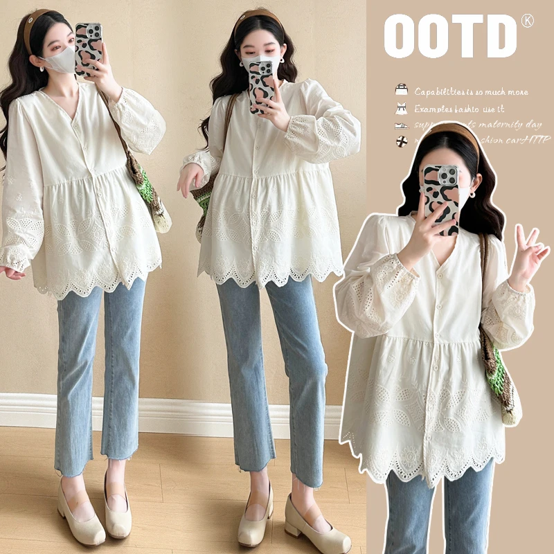 孕妇装春装2025春季新款孕妇韩版V领蕾丝花边小香风娃娃衫上衣