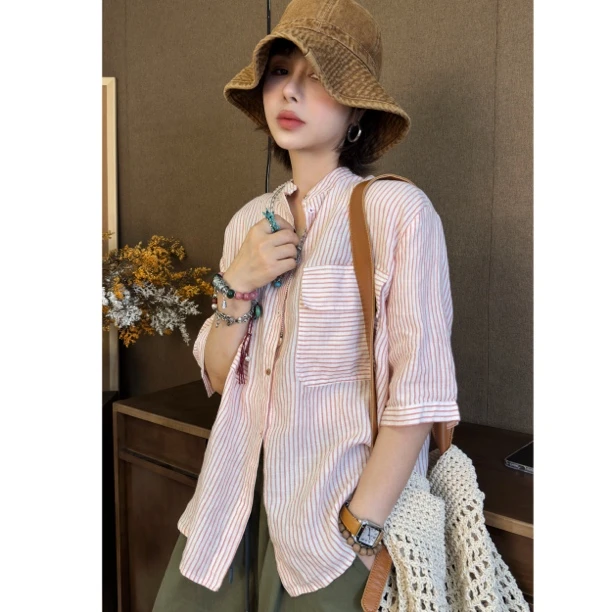 HY1987麻料衬衣一排扣条纹时尚夏季衬衫复古宽松设计感韩版气质