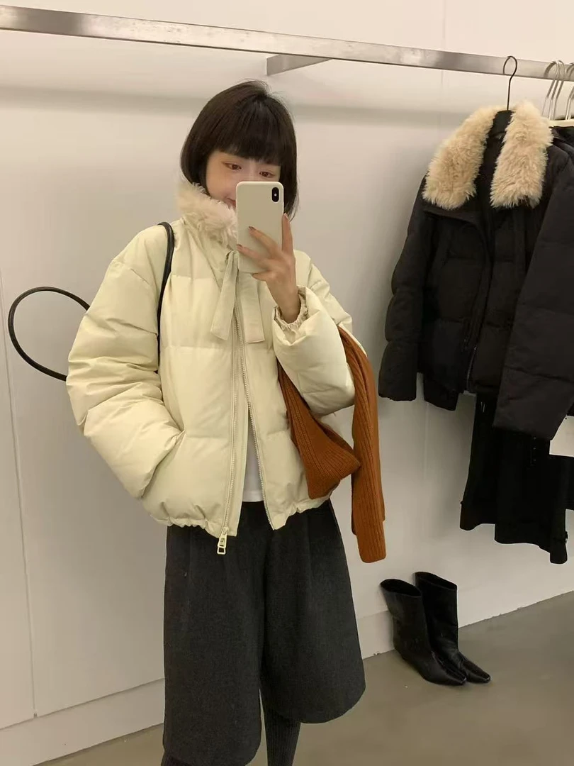 【俪宝】软糯小暖包 重磅羊羔毛可翻领拉链韩系90白鸭绒羽绒服