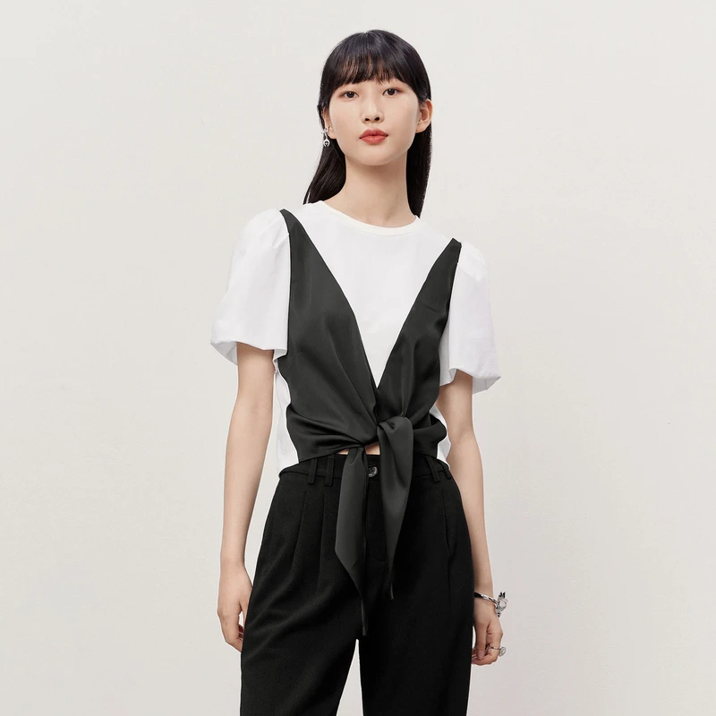 LY荷比俪夏季新款女个性系带拼色休闲上衣HMD22610019